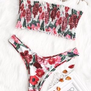 Floral Bandeau BikiniTop with Floral Thong Bottoms